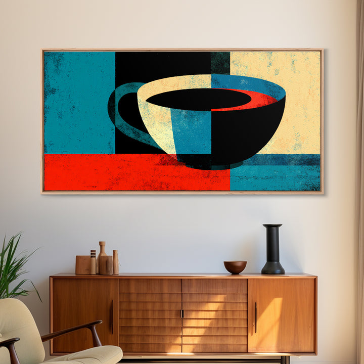 Modern Abstract Coffee Cup In Teal And Red Wall Art, Mid Century Kitchen Decor, Minimalist Coffee Poster, Bold Geometric Print