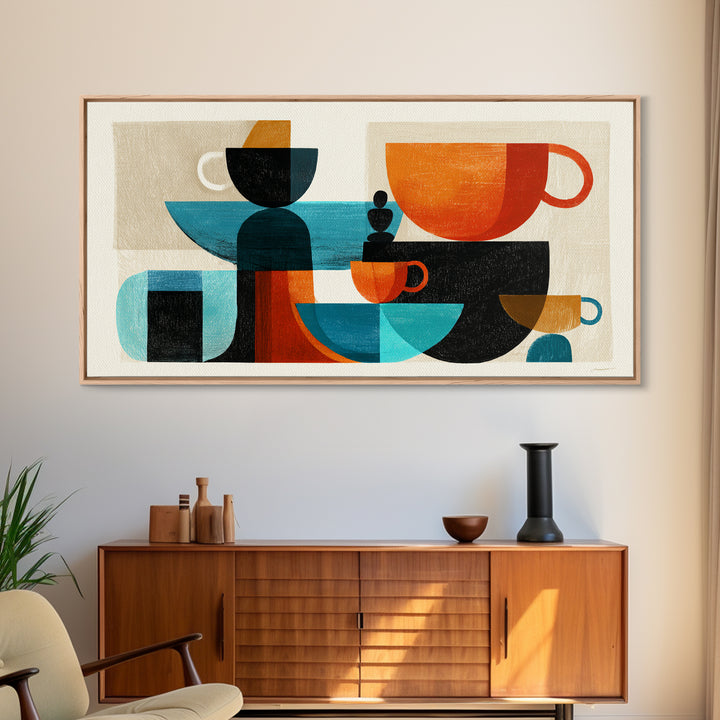 Geometric Coffee Cups Still Life Canvas Print, Midcentury Modern Kitchen Decor, Retro Cafe Wall Art, Teal Orange MCM Poster