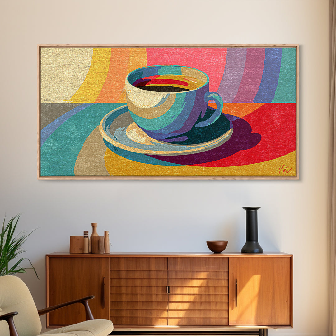Rainbow Coffee Cup And Saucer Canvas Print, Retro Kitchen Wall Art, Colorful Midcentury Poster, Bright Cafe Home Decor Print