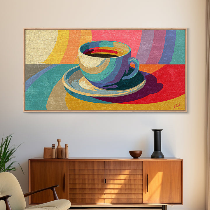 Rainbow Coffee Cup And Saucer Canvas Print, Retro Kitchen Wall Art, Colorful Midcentury Poster, Bright Cafe Home Decor Print