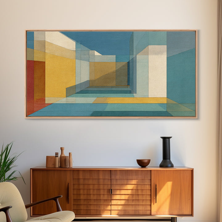 Abstract Desert Passage Wall Art, Geometric Architecture Canvas Print, Midcentury Modern Decor, Teal Gold Perspective Poster