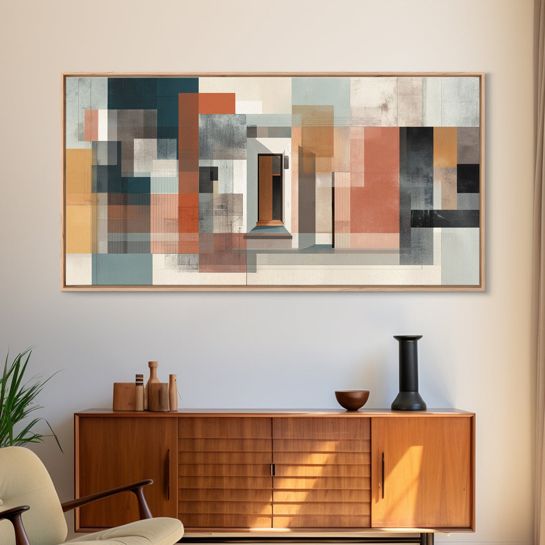 Abstract Doorway Facade Canvas Print, Bauhaus Architecture Wall Art, Midcentury Modern Decor, Rust Teal Office Poster Print