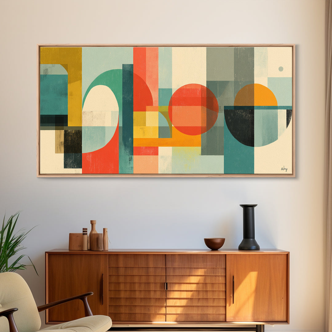 Retro Geometric Shapes Wall Art, Midcentury Modern Canvas Print, Abstract Circles Arches, Teal Orange Mustard Home Decor