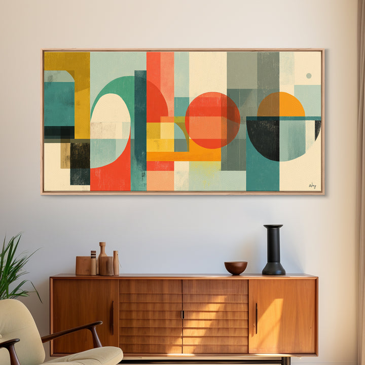 Retro Geometric Shapes Wall Art, Midcentury Modern Canvas Print, Abstract Circles Arches, Teal Orange Mustard Home Decor