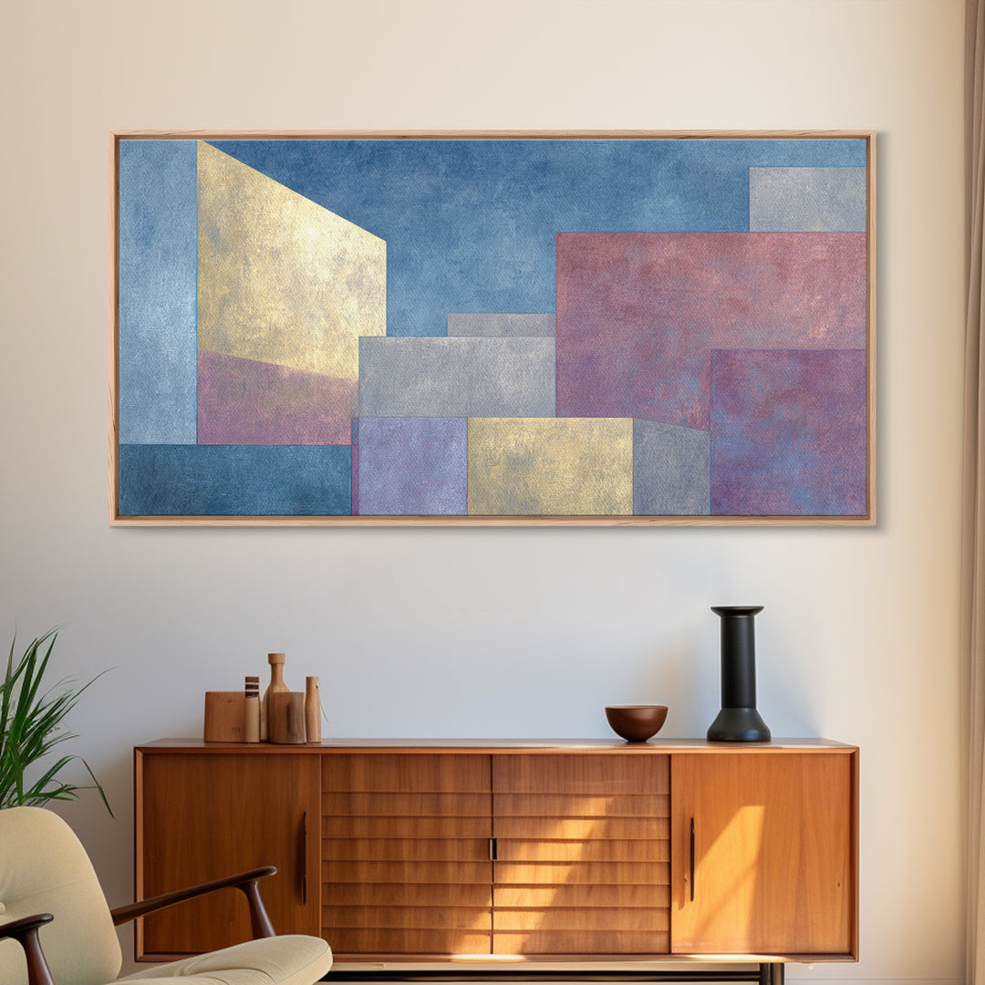 Pastel Architectural Blocks Wall Art, Minimal Geometric Modern Decor, Blue Purple Abstract Framed Canvas Print For Office