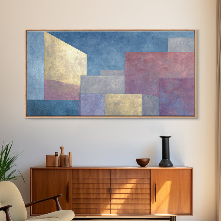 Pastel Architectural Blocks Wall Art, Minimal Geometric Modern Decor, Blue Purple Abstract Framed Canvas Print For Office