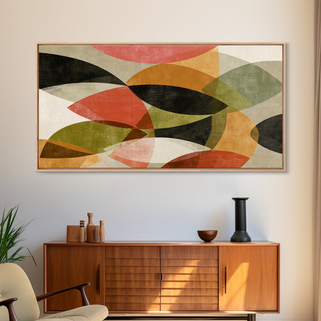 Layered Olive Red And Orange Abstract Leaves Wall Art, Midcentury Modern Art Print, Retro Geometric Decor For Living Room