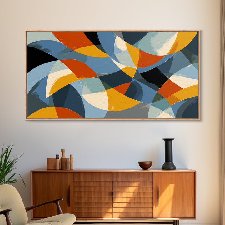 Blue Orange And Golden Crescent Geometry Wall Art, Midcentury Modern Abstract Art Print, Retro MCM Decor For Office And Home