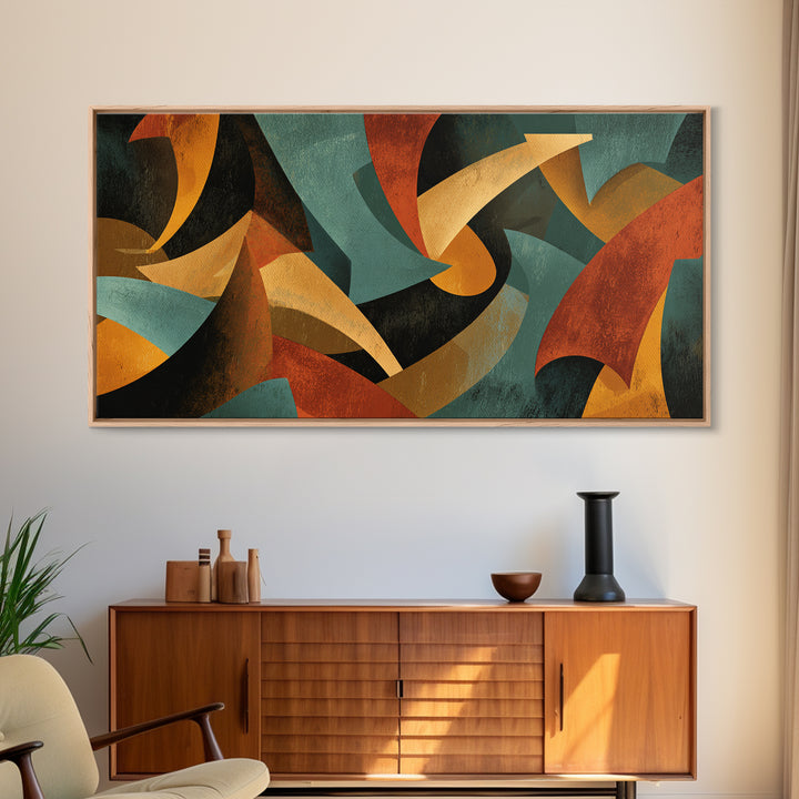 Burnt Orange Teal And Black Sweeping Forms Framed Canvas Print, Midcentury Modern Wall Art, Abstract Retro Decor For Living Room
