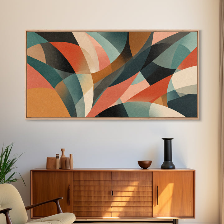Coral Teal Rust And Cream Layered Curves Wall Art, Midcentury Modern Abstract Art Print, Retro Geometric Home Decor For Bedroom