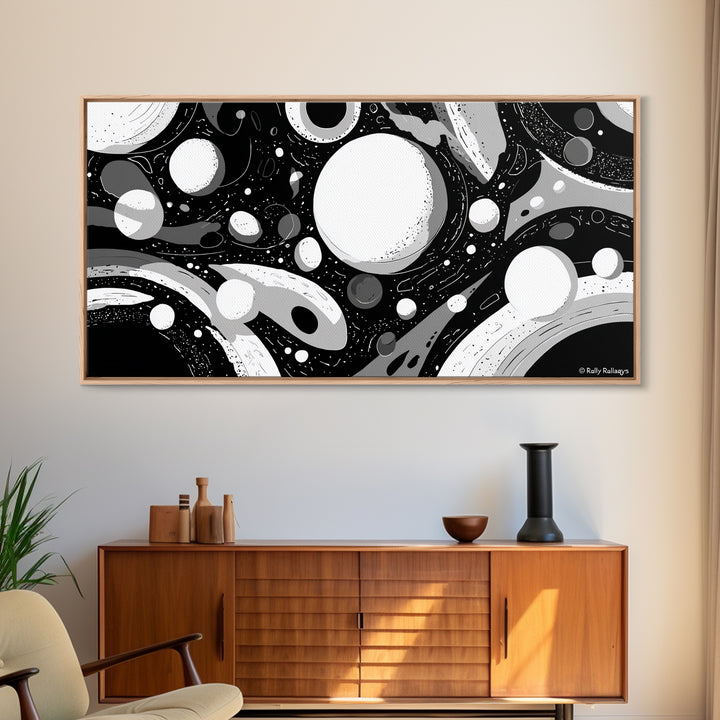 Black White And Gray Cosmic Bubbles Wall Art, Modern Abstract Art Print, Retro Sci Fi Space Decor For Office Or Game Room