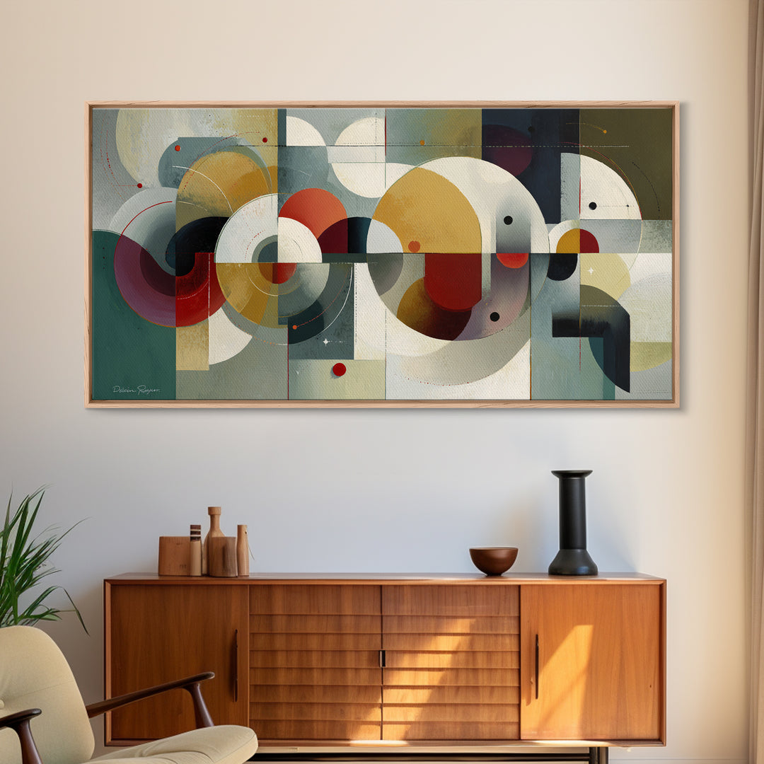 Muted Teal Mustard Red And Cream Circles Wall Art, Midcentury Modern Art Print, Bauhaus Geometric Home Decor For Living Room