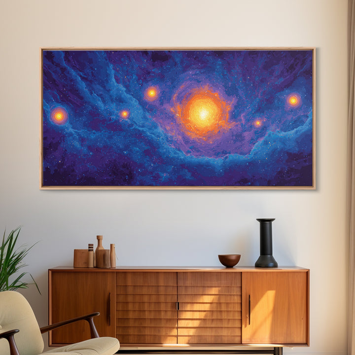 Glowing Blue Galaxy Nebula With Orange Stars Wall Art, Modern Abstract Art Print, Cosmic Retro Poster, Living Room Decor
