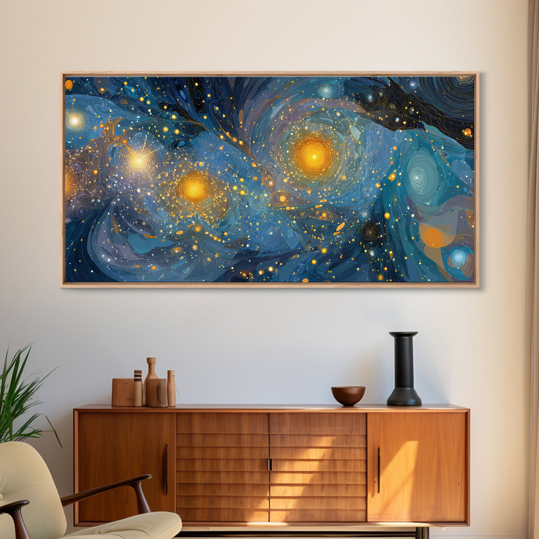 Swirling Starry Blue And Gold Galaxy Framed Canvas Print, Modern Wall Art, Abstract Poster, Celestial Living Room Decor Prints