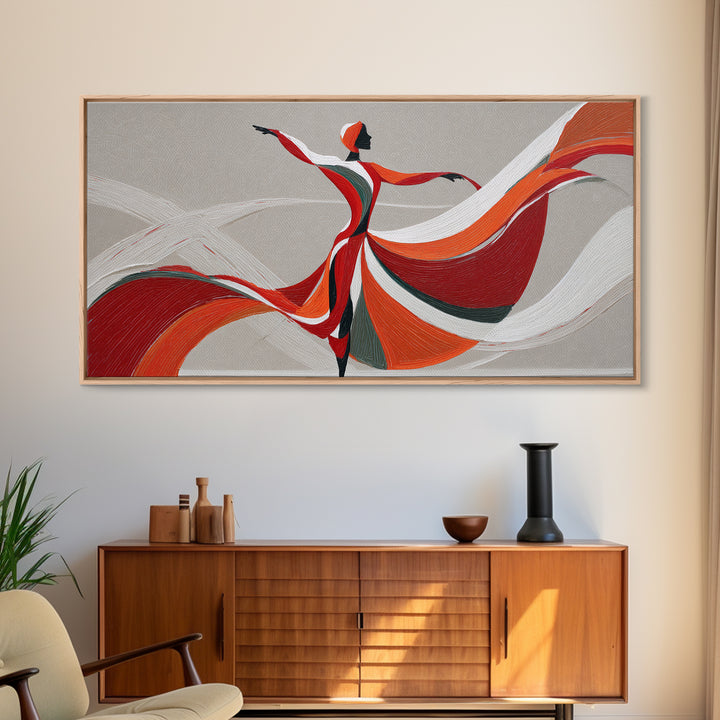 Flowing Red Orange Dancer With Ribbon Framed Canvas Print, Modern Wall Art, Abstract Painting, Statement Living Room Decor