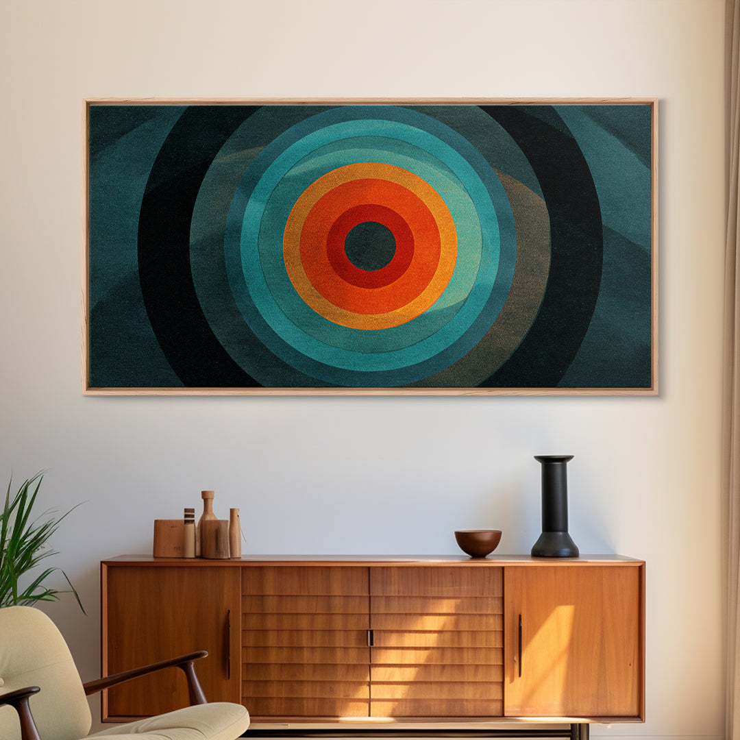 Teal Orange Geometric Bullseye Canvas Print, Midcentury Modern Wall Art, Abstract Circle Poster, Masculine Office Decor Print
