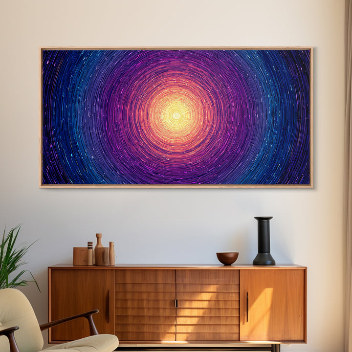 Radiant Magenta Blue Spiral Sun Wall Art, Cosmic Abstract Canvas, Modern Wall Decor, Vibrant Space Print For Living Room