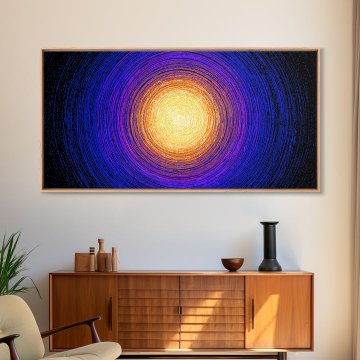 Golden Sun Blue Vortex Canvas Print, Cosmic Abstract Wall Art, Modern Retro Poster, Vibrant Space Decor For Living Room Or Office