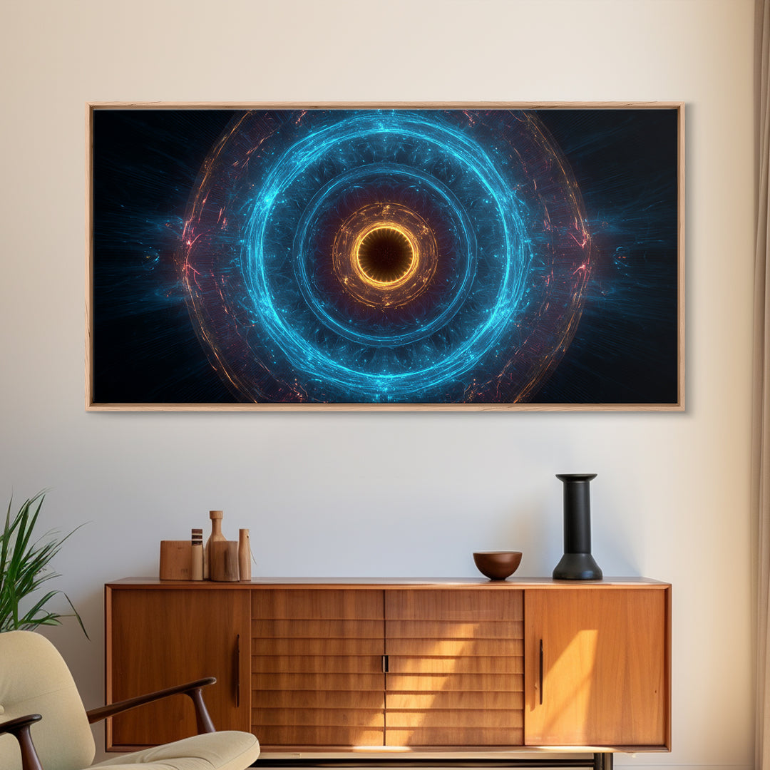 Electric Blue Orbital Ring Wall Art, Futuristic Sci Fi Abstract Canvas, Modern Geometric Space Decor For Living Room Or Office