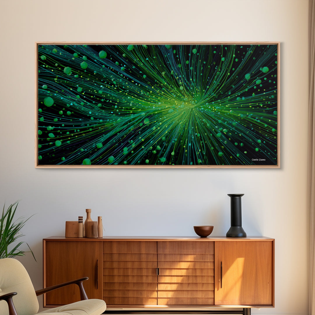 Green Particle Burst Canvas Print, Abstract Energy Lines Wall Art, Modern Digital Artwork, Sci Fi Poster For Home Office Decor