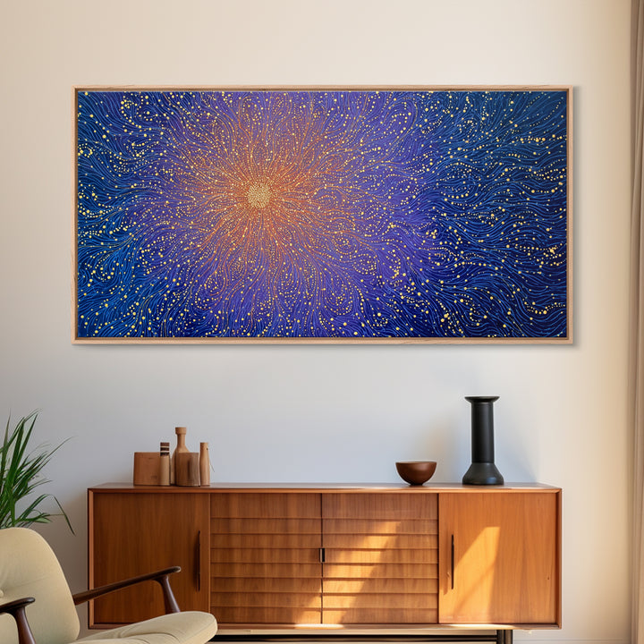 Golden Starburst Blue Wave Wall Art, Cosmic Abstract Digital Print, Modern Wall Decor, Vibrant Space Poster For Living Room