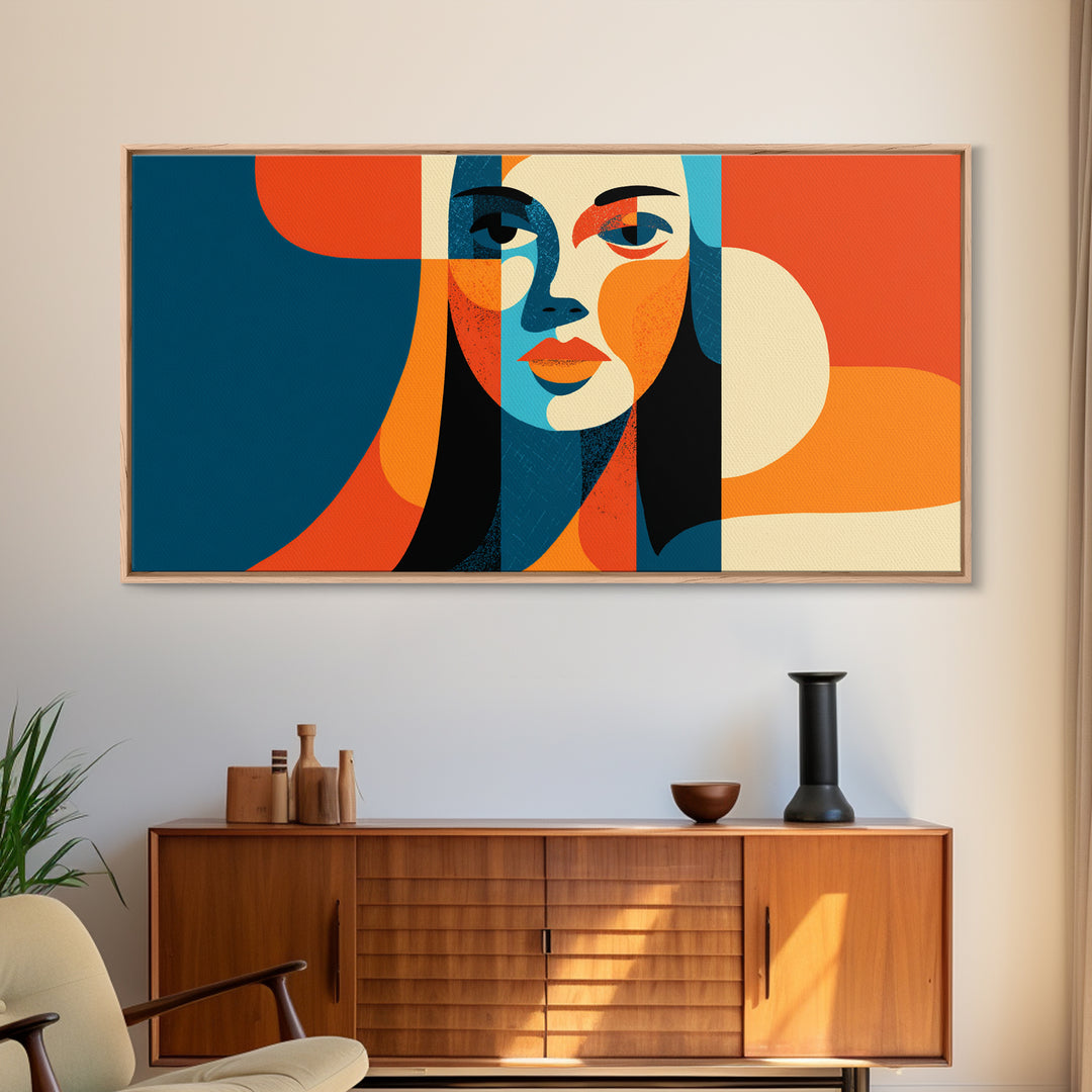 Geometric Woman Face Canvas Print, Midcentury Modern Abstract Art, Orange Teal Wall Decor, Retro MCM Home Decor Poster Gift