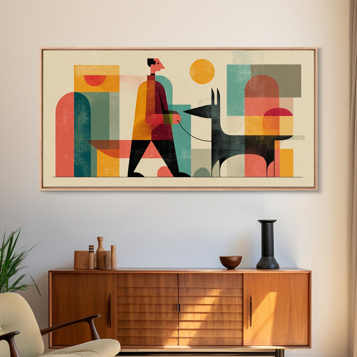 Man Walking Black Dog Wall Art, Midcentury Modern Illustration, Retro Abstract Shapes, Colorful Home Decor Canvas Print Gift