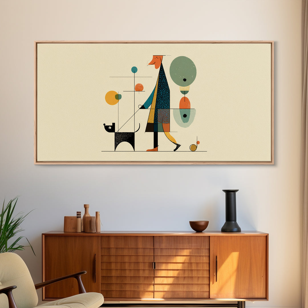 Whimsical Dog Walker Canvas Print, Midcentury Modern Minimal Art, Atomic MCM Wall Decor, Scandinavian Home Art Print Poster