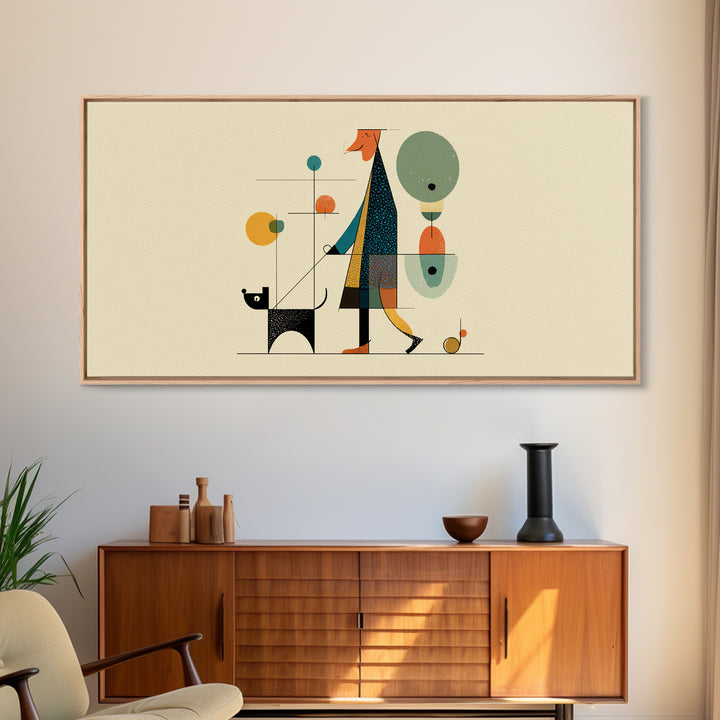 Whimsical Dog Walker Canvas Print, Midcentury Modern Minimal Art, Atomic MCM Wall Decor, Scandinavian Home Art Print Poster