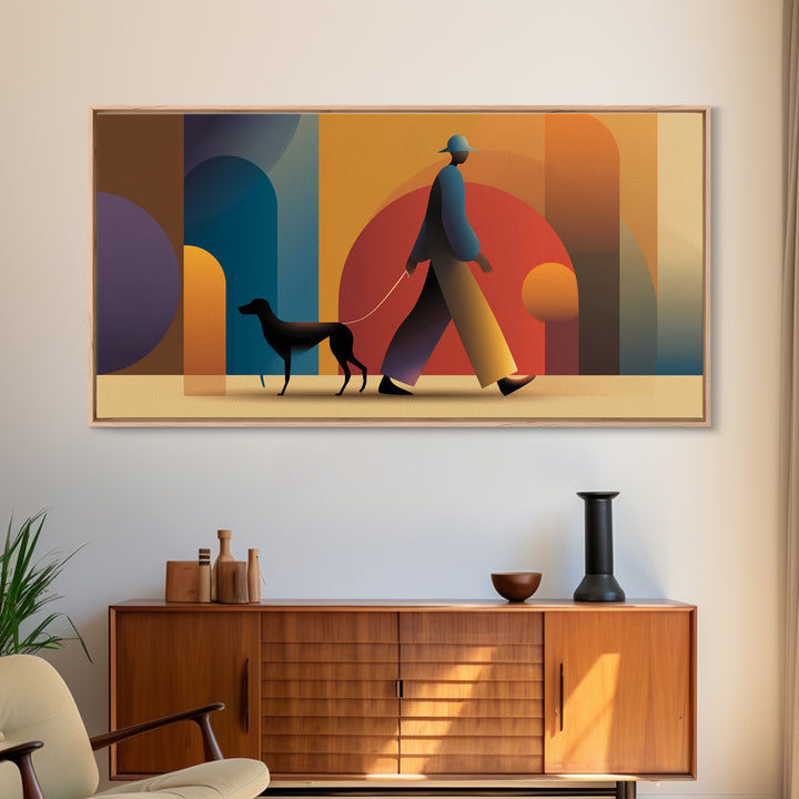 Sunset Dog Walker Framed Canvas Print, Midcentury Modern Wall Art, Retro Arches Decor, Warm Orange Living Room Print Poster