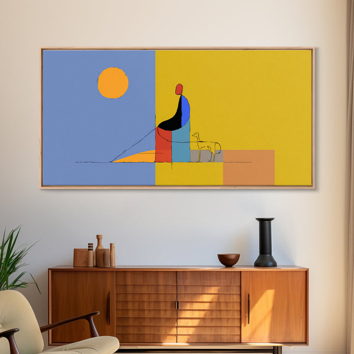Minimal Yellow Blue Dog Walker Wall Art, Midcentury Modern Abstract Print, Scandinavian Decor, Geometric Home Art Poster