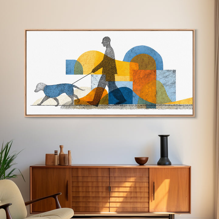 Silhouette Dog Walker Canvas Print, Midcentury Modern Wall Art, Blue Orange Geometric Decor, Minimalist Living Room Art Poster
