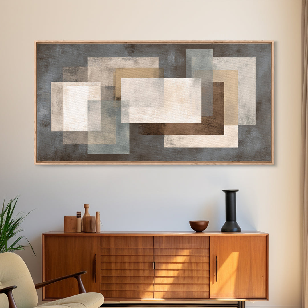 Neutral Beige Gray Layered Rectangles Framed Canvas Print, Modern Abstract Wall Art, Minimalist Living Room Home Decor Print