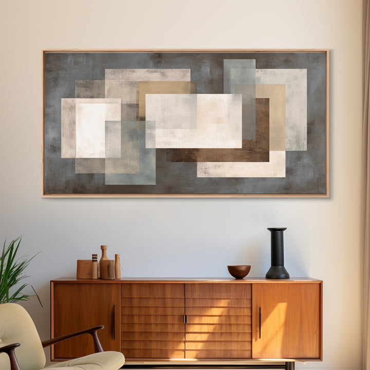 Neutral Beige Gray Layered Rectangles Framed Canvas Print, Modern Abstract Wall Art, Minimalist Living Room Home Decor Print