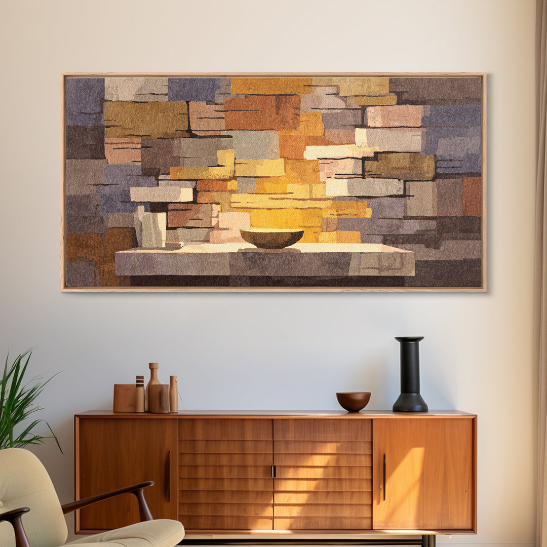 Abstract Stone Fireplace Wall Art, Midcentury Modern Home Decor, Warm Geometric Canvas Print, Cozy Living Room Artwork Poster