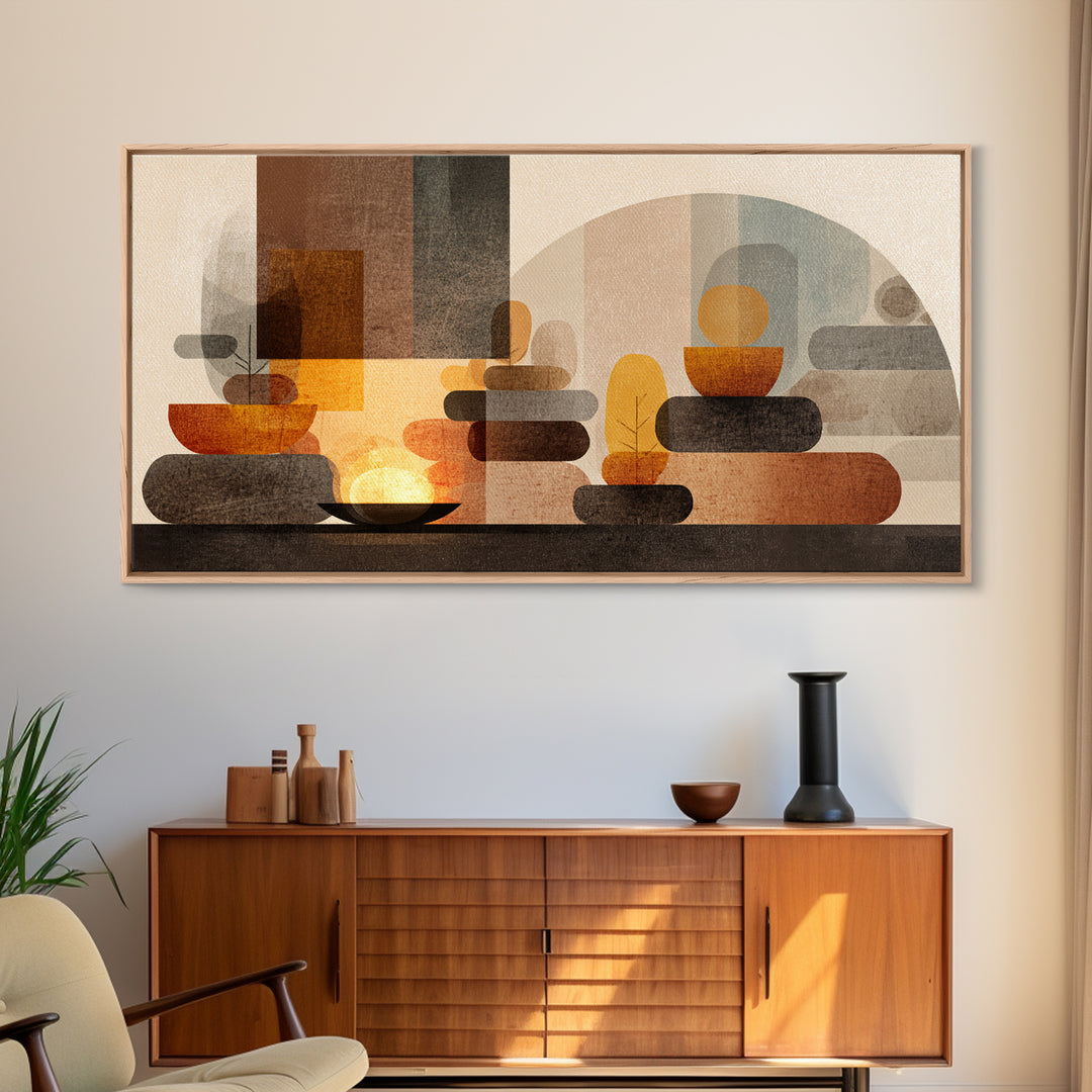 Warm Stacked Abstract Shapes With Arches, Midcentury Modern Wall Art, Earth Tone Retro Decor, Large Canvas Print, Living Room Home Decor
