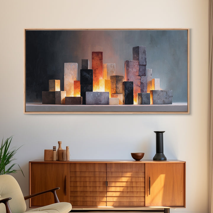 Glowing Stone Block Skyline At Dusk, Framed Canvas Print, Modern Abstract Art, Office Wall Decor, Neutral Home Decor, Living Room Art