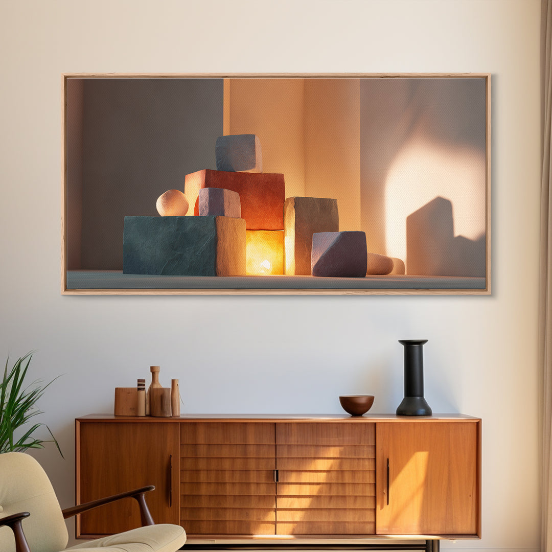 Sunlit Minimal Stone Blocks And Soft Shadows, Framed Canvas Print, Modern Wall Art, Neutral Decor, Bedroom Art Print, Home Office Decor