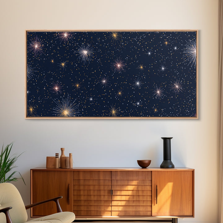 Dark Navy Gold Starry Sky Wall Art, Celestial Space Abstract Print, Modern Home Decor, Cosmic Retro Poster For Bedroom Decor