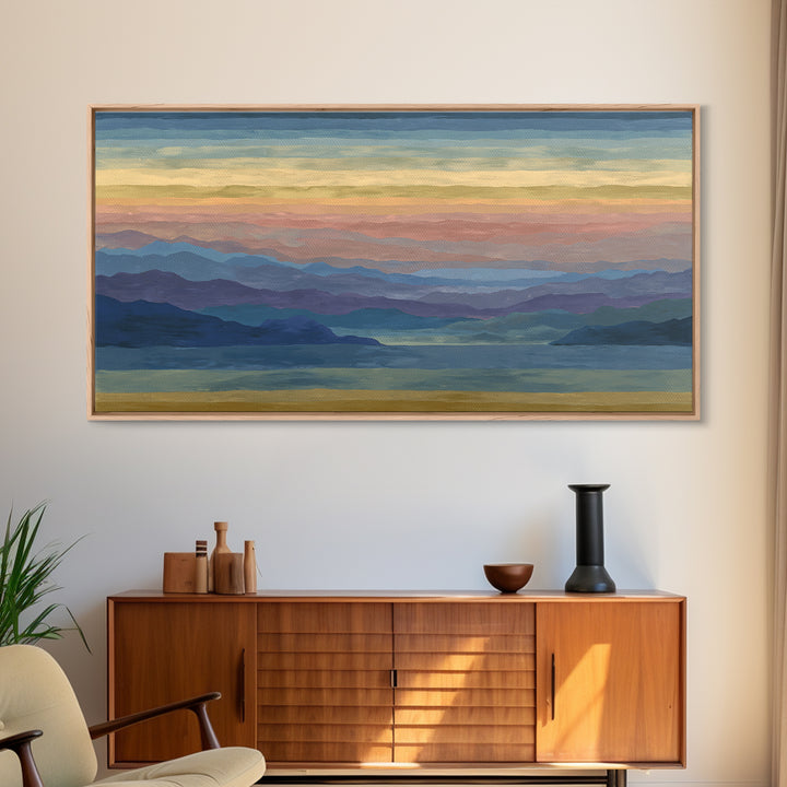 Pastel Mountain Lake Panorama Framed Canvas Print, Modern Wall Art, Scenic Nature Landscape, Bedroom And Office Decor, Home Decor