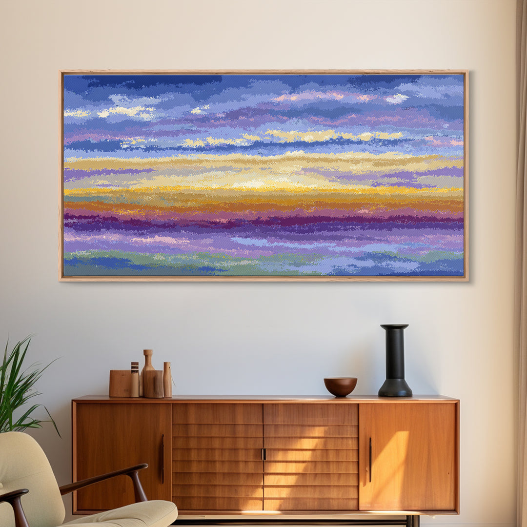 Soft Cloudy Sunset Sky Canvas Print, Pastel Blue Lavender Wall Art, Modern Nature Landscape, Calm Bedroom Decor, Office Decor