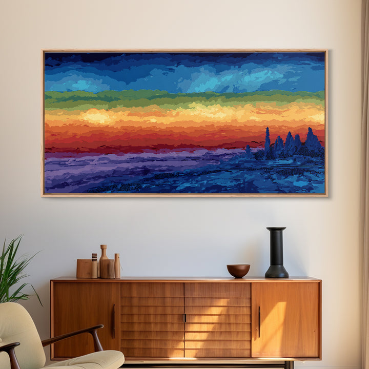 Dramatic Lake Sunset With Pine Silhouettes Framed Canvas Print, Blue Orange Landscape Wall Art, Rustic Cabin Decor, Lake House Decor