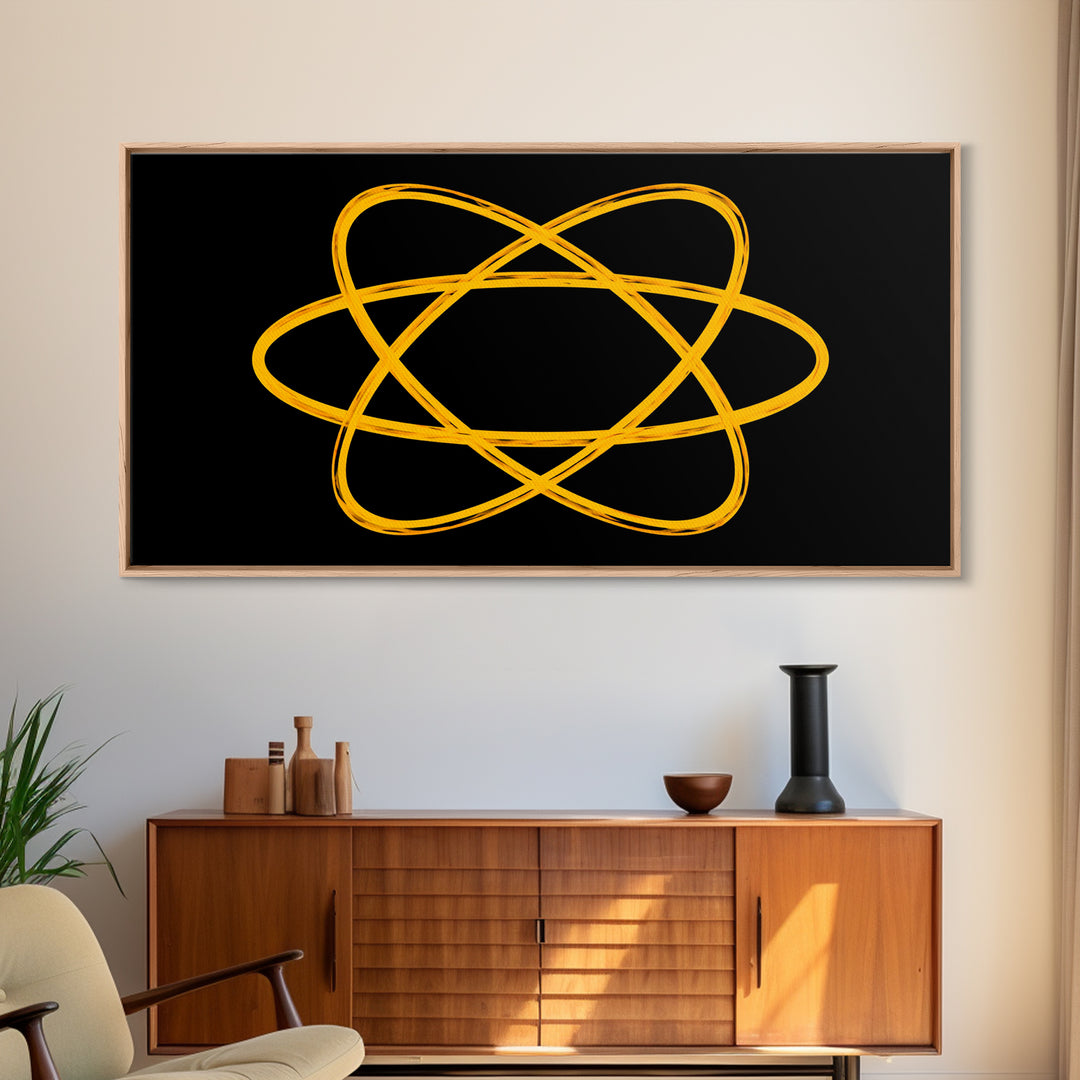Golden Atomic Orbit Lines On Black Canvas Print, Midcentury Modern Abstract Wall Art, Retro Space Poster, Office Decor, Geek Decor
