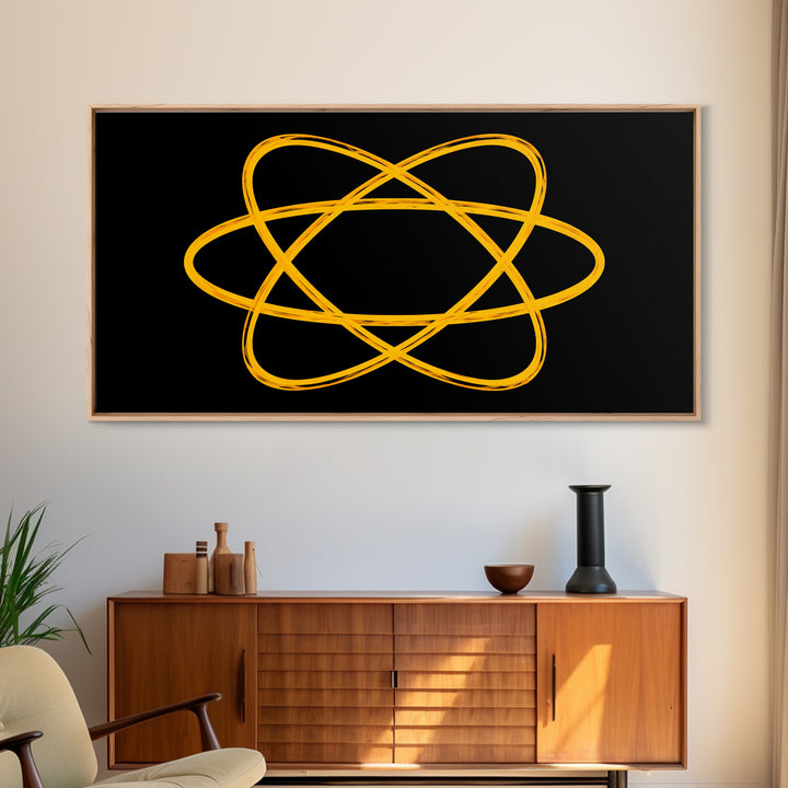 Golden Atomic Orbit Lines On Black Canvas Print, Midcentury Modern Abstract Wall Art, Retro Space Poster, Office Decor, Geek Decor