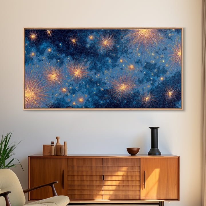Blue Cloudy Fireworks Night Sky Canvas Print, Celestial Space Wall Art, Gold Stars Modern Decor For Bedroom Or Office Decor