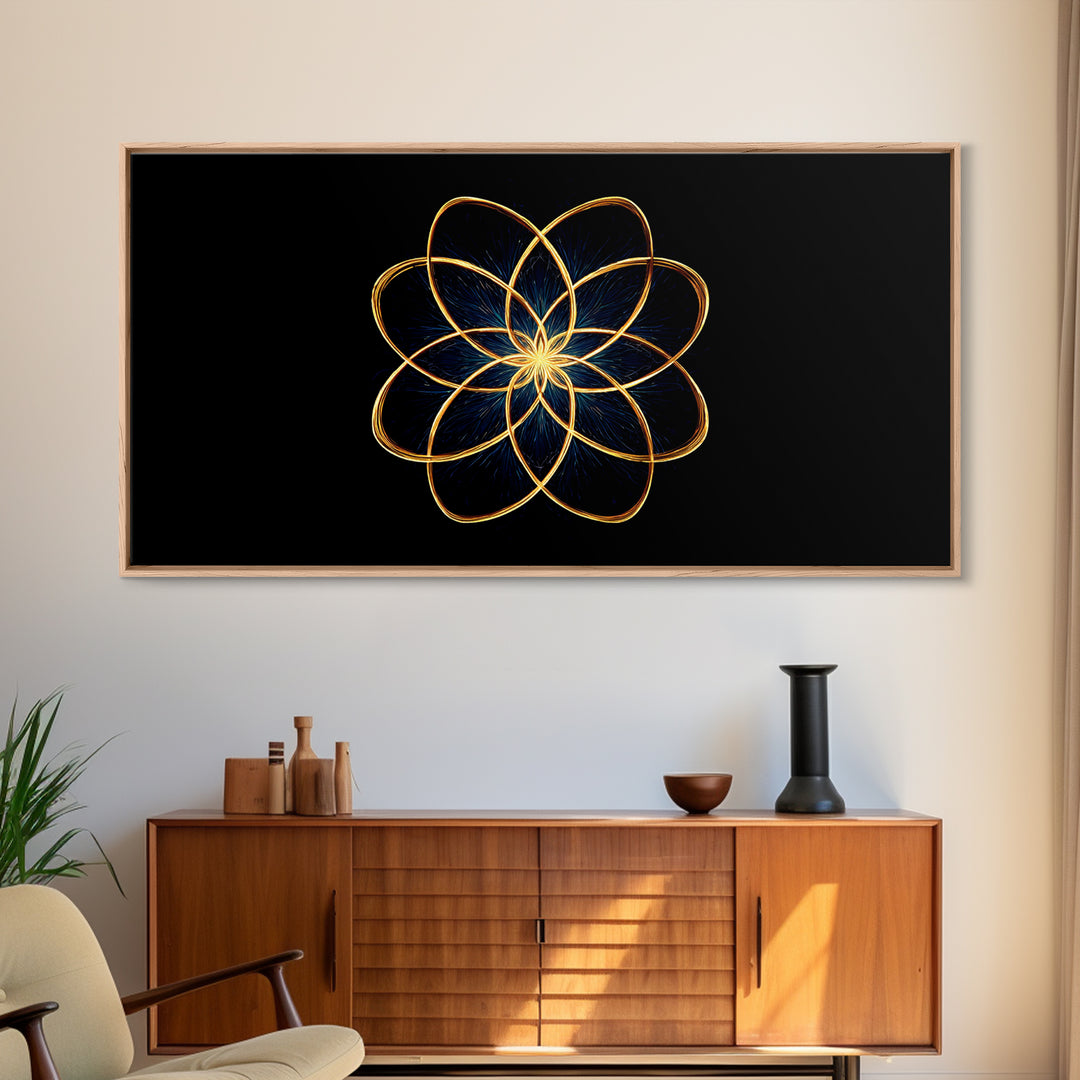 Gold Lotus Flower Line Art Canvas Print, Black And Gold Sacred Geometry Wall Decor, Spiritual Modern Abstract Artwork Gift