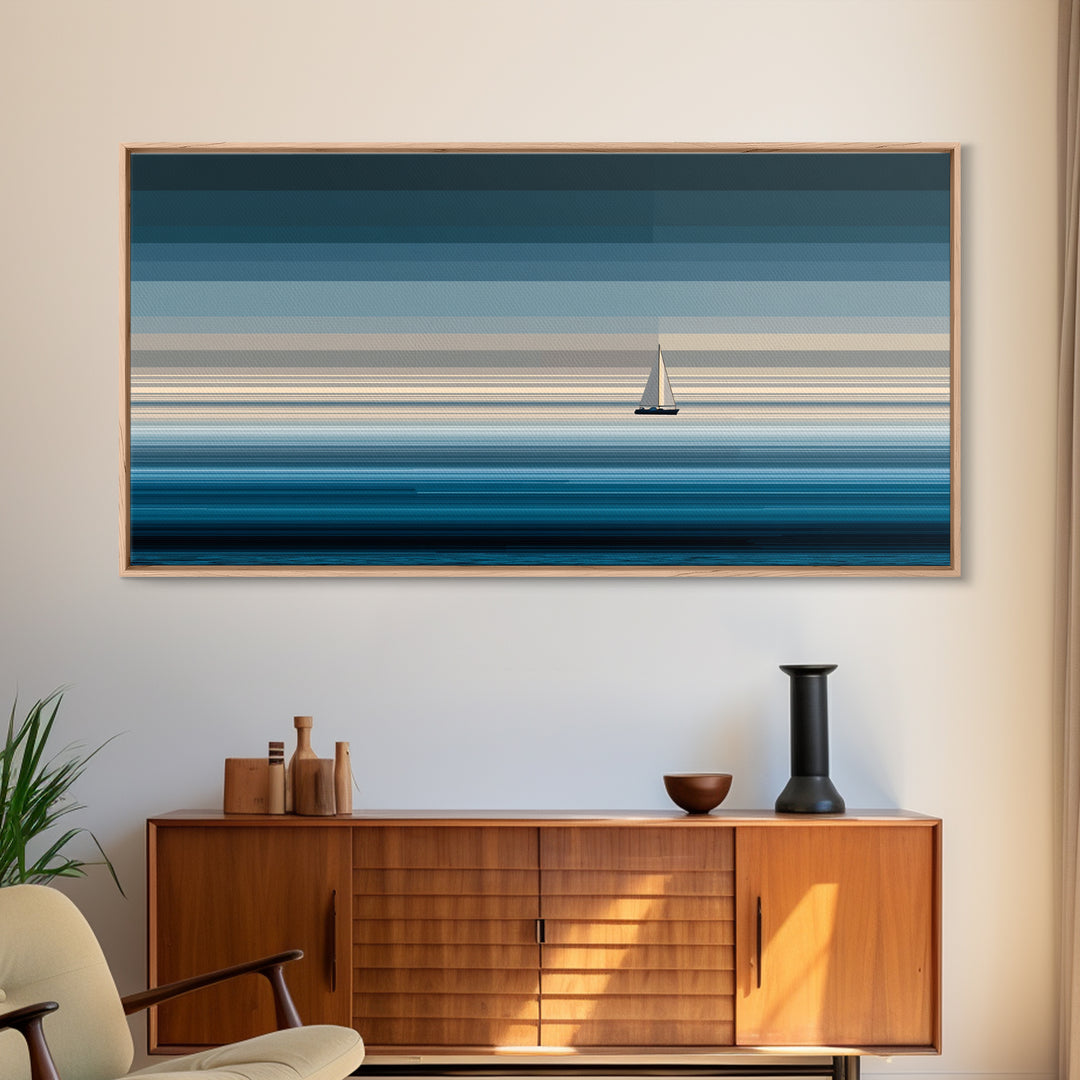 Minimal Sailboat Horizon Wall Art, Blue Ocean Seascape Print, Coastal Modern Wall Decor, Nautical Living Room Artwork Print