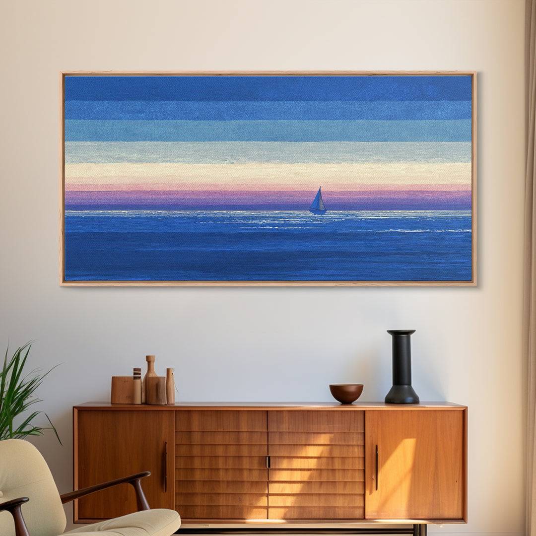 Blue Textured Sailboat Canvas Print, Ocean Sunset Seascape Wall Decor, Coastal Landscape Art For Bedroom And Lake House Decor