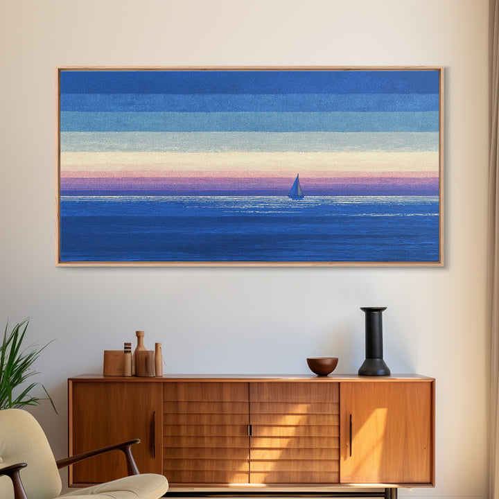 Blue Textured Sailboat Canvas Print, Ocean Sunset Seascape Wall Decor, Coastal Landscape Art For Bedroom And Lake House Decor