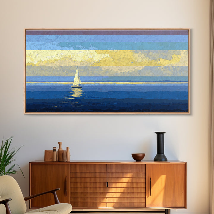 Sunlit Sailboat Seascape Framed Canvas Print, Blue Coastal Wall Art, Nautical Lake House Decor, Modern Ocean Artwork Print